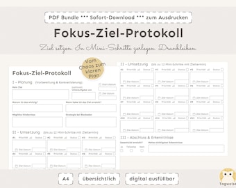 Interactive focus-goal protocol with mini-steps & prioritization, digital and printable | A4 PDF print template