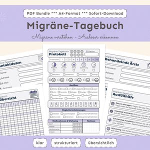 Op de afbeelding: Een PDF-bundel met afdrukbare migraine-dagboekpagina's. De pagina's bevatten secties voor contactgegevens, een jaaroverzicht, een protocol voor het volgen van symptomen en ruimte om triggers en behandelingen vast te leggen. De tekst is in het Duits.