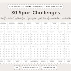 Può includere: Un pacchetto PDF stampabile con 30 sfide di risparmio. Il design è minimalista e organizzato, con varie categorie per monitorare gli obiettivi di risparmio. Il testo include "PDF Bundle", "30 Spar-Challenges" e "A4".