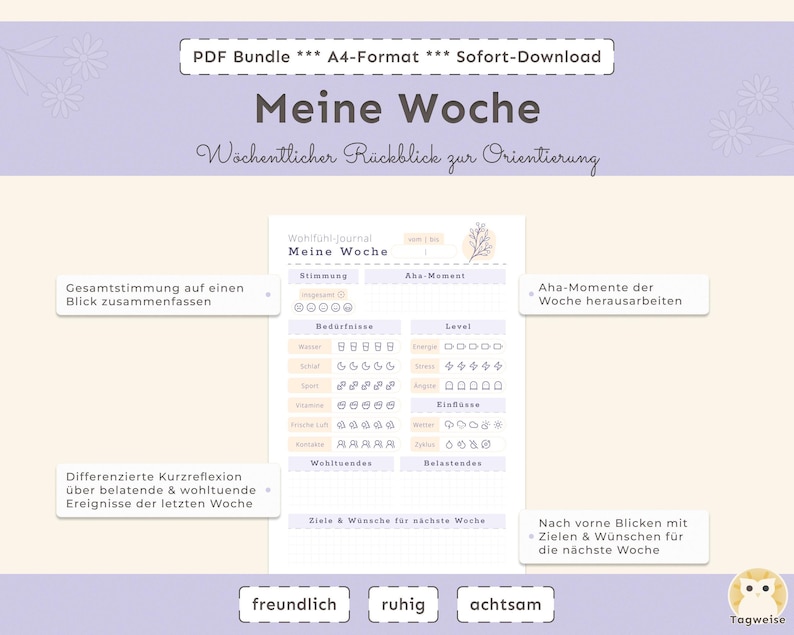 Wohlfühl-Journal im A4-Format mit Stimmungs- und Selbstfürsorge-Seiten