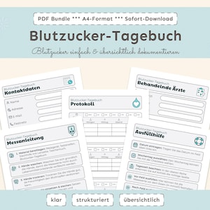 Può includere: Un pacchetto PDF di fogli di monitoraggio della glicemia stampabili in formato A4. I fogli includono sezioni per le informazioni di contatto, i dettagli del medico, le istruzioni di misurazione e un protocollo per la registrazione dei livelli di glicemia. Il testo è in tedesco.