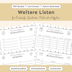 Weihnachtsplaner zum Ausdrucken (A4) – minimalistischer Planer für weihnachten drucken; PDF-Planer mit Einkaufsliste, Festtagsmenü, Plätzchenplaner.