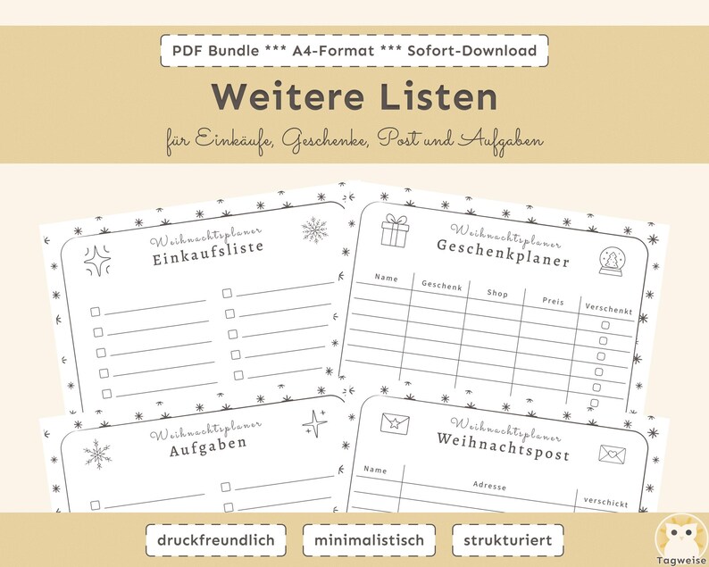 Weihnachtsplaner zum Ausdrucken (A4) – minimalistischer Planer für weihnachten drucken; PDF-Planer mit Einkaufsliste, Festtagsmenü, Plätzchenplaner.