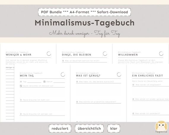 Minimalismus-Tagebuch | Digitales Achtsamkeits-Journal zum Ausdrucken | Tägliche Achtsamkeit | Selbstreflexion & Klarheit
