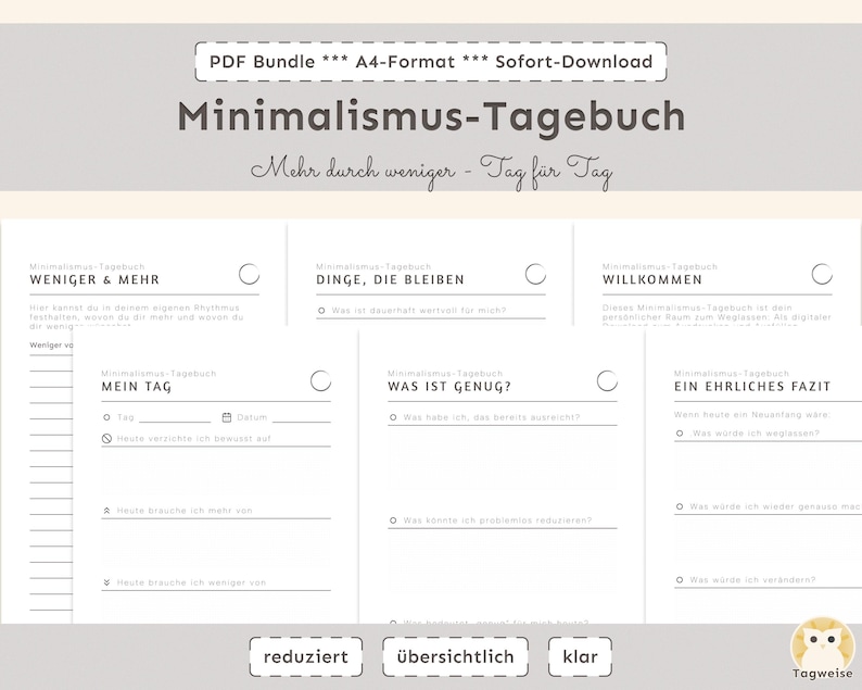 Minimalismus-Tagebuch | Digitales Achtsamkeits-Journal zum Ausdrucken | Printable Selbstreflexion & Klarheit