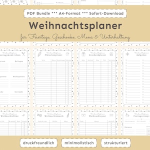 Weihnachtsplaner – minimalistischer A4 PDF-Planer: Collage weißer Planerseiten; Festtagsmenü & Plätzchenplaner; druckfertig.