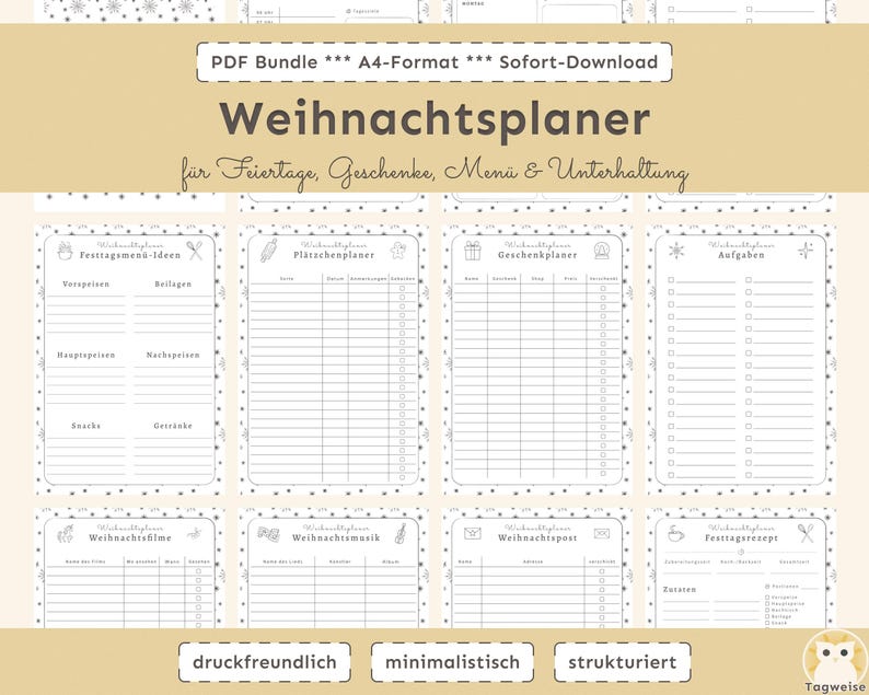 Weihnachtsplaner – minimalistischer A4 PDF-Planer: Collage weißer Planerseiten; Festtagsmenü & Plätzchenplaner; druckfertig.