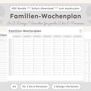 以下が含まれることがあります： ミニマルなデザインの、印刷可能な家族用週間プランナー。プランナーには、各曜日のセクションがあり、タスク用のチェックボックスが付いています。プランナーのテキストは「Familien-Wochenplan」と「In 2 Design-Varianten für jeweils 2 bis 6 Personen」と書かれています。