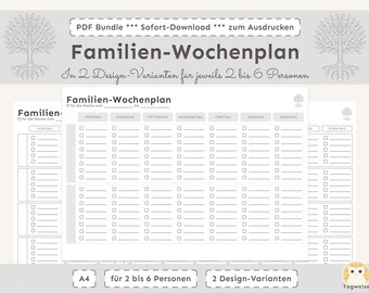 Printable Family Weekly Planner | A4 Weekly Planner for 2-6 People | 2 Design Options | PDF Download | Family Planner