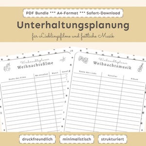 Weihnachtsplaner (A4) – minimalistischer Unterhaltungsplaner für Weihnachtsfilme und Weihnachtsmusik, PDF-Bundle.