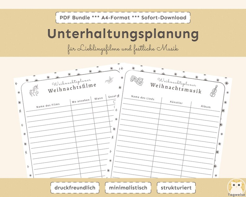 Weihnachtsplaner (A4) – minimalistischer Unterhaltungsplaner für Weihnachtsfilme und Weihnachtsmusik, PDF-Bundle.