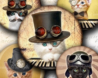 INSTANT DOWNLOAD Steampunk Cat (732) 4x6 1 inch round Bottle Cap Images Printable Digital Collage Sheet glass tile hair bows cabochon images