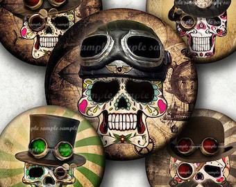 INSTANT DOWNLOAD Steampunk Sugar Skulls (781) 4x6 1 inch round Bottle Cap Images Printable Digital Collage Sheet glass tile  cabochon images