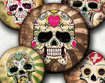 INSTANT DOWNLOAD Vintage Sugar Skull (783) 4x6 1 inch round Bottle Cap Images Printable Steampunk Digital Collage Sheet glass cabochon image