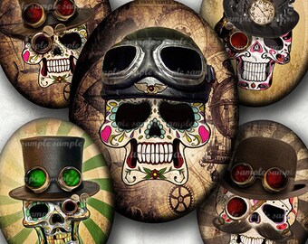 INSTANT DOWNLOAD Steampunk Sugar Skull (782) 4x6 & 8.5x11 Oval 30x40mm Printable Digital Collage Sheet glass tile cabochon cameo images