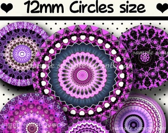 INSTANT DOWNLOAD Purple Mandalas (810) 4x6 & 8.5x11 12mm circles Printable Download Digital Collage Sheet glass cabochon earrings images