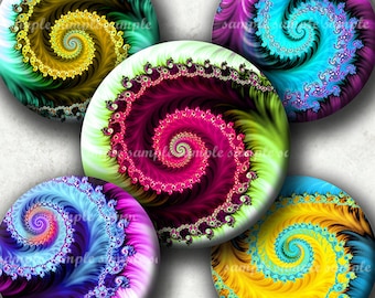 Könnte beinhalten: Satz von sechs runden digitalen Papierschmuckstücken für Scrapbooking mit einem wirbelnden Fraktaldesign. Die Farben umfassen Gelb, Grün, Blau, Rosa und Lila.