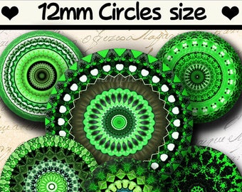 INSTANT DOWNLOAD Green Mandalas (804) 4x6 & 8.5x11 12mm circles Printable Download Digital Collage Sheet glass cabochon earrings images