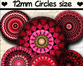 INSTANT DOWNLOAD Red Mandalas (803) 4x6 & 8.5x11 12mm circles Printable Download Digital Collage Sheet glass cabochon earrings images