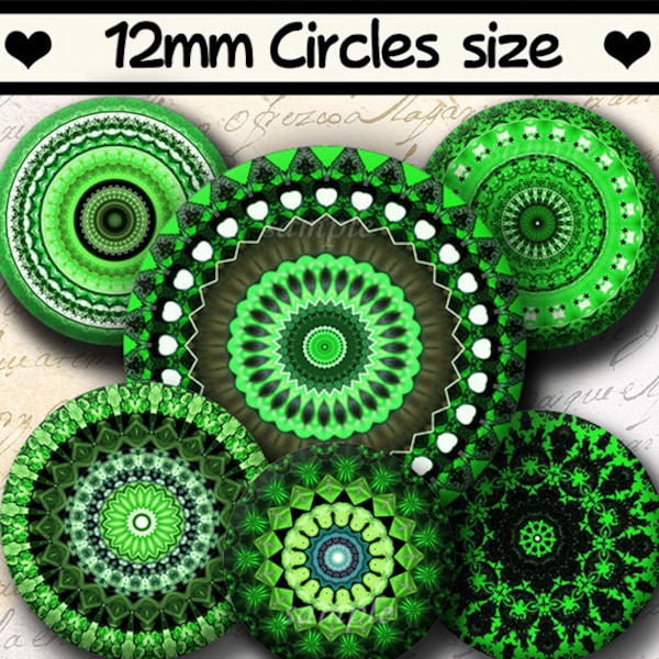 INSTANT DOWNLOAD Green Mandalas (804) 4x6 & 8.5x11 12mm circles Printable Download Digital Collage Sheet glass cabochon earrings images