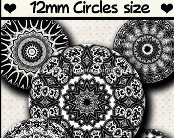 INSTANT DOWNLOAD Black and White Mandalas (805) 4x6 & 8.5x11 12mm circles Printable Download Digital Collage Sheet  cabochon earrings images