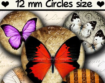 May include: Six 12 mm round paper circles with images of butterflies. The butterflies are in various colors, including purple, red, white, and blue. The background of the circles is a vintage-style paper with handwritten text.