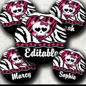 May include: Set of six round black and white zebra print stickers with a pink heart and skull design. The stickers have a row of pink stars around the edge and the words "Editable", "Marcy", "Sophie", and "Sarah" printed on them.