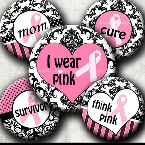 INSTANT DOWNLOAD Damask Breast Cancer Pink Ribbon 030 4x6 Bottle Cap Images Digital Collage Sheet bottlecaps hair bows bottlecap images image 1