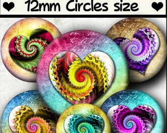 INSTANT DOWNLOAD Colorful Fractal Hearts (764) 4x6 & 8.5x11 12mm circles Printable Digital Collage Sheet glass tile cabochon earrings images