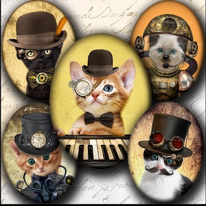 INSTANT DOWNLOAD Steampunk Cat (737) 4x6 and 8.5x11 Oval 30x40mm Printable Digital Collage Sheet  glass tiles cabochon cameo pendants images