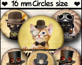 INSTANT DOWNLOAD Steampunk Cat (789) 4x6 and 8.5x11 16mm circles Printable  Digital Collage Sheet glass tiles cabochon earrings images