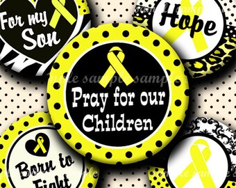 May include: Six yellow and black polka dot round stickers with yellow ribbons and text. The text on the stickers reads: "For my Son", "Hope", "Pray for our Children", "Born to Fight", "Hope", and "Hope".
