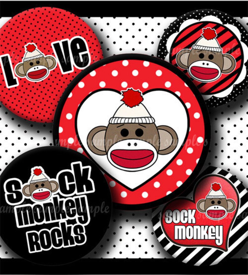 INSTANT DOWNLOAD Sock Monkey Designs 265 4x6 Bottle Cap Images Digital Collage Sheet for bottlecaps hair bows magnets .. bottlecap images image 1