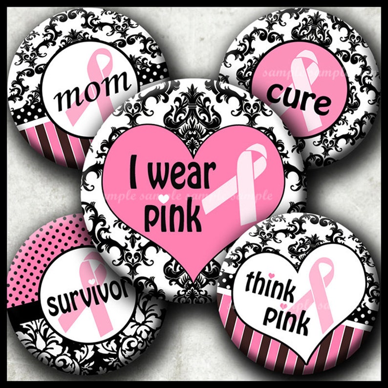 INSTANT DOWNLOAD Damask Breast Cancer Pink Ribbon 030 4x6 Bottle Cap Images Digital Collage Sheet bottlecaps hair bows bottlecap images image 1