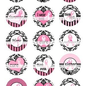 INSTANT DOWNLOAD Damask Breast Cancer Pink Ribbon 030 4x6 Bottle Cap Images Digital Collage Sheet bottlecaps hair bows bottlecap images image 2