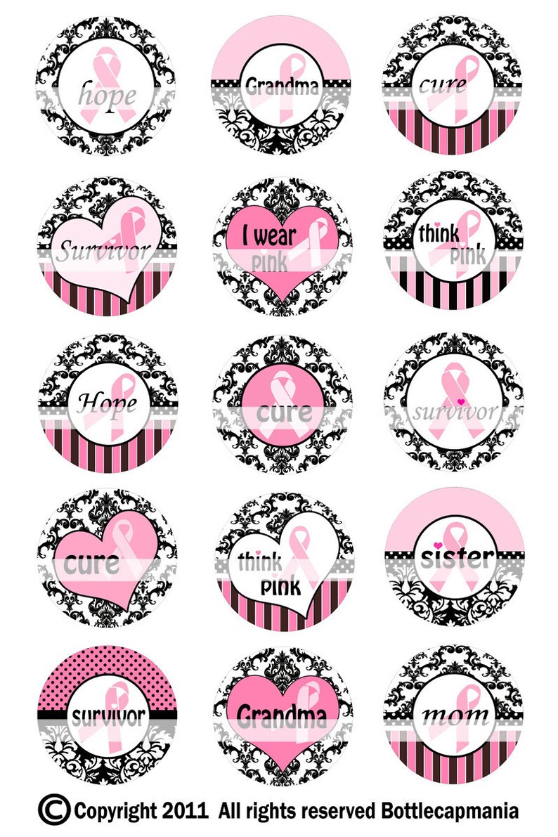 INSTANT DOWNLOAD Damask Breast Cancer Pink Ribbon 030 4x6 Bottle Cap Images Digital Collage Sheet bottlecaps hair bows bottlecap images image 2