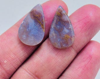 Natural Moss Agate Cabochon Pair – Milky Blue Dendritic Pattern Gemstone, Matching Set for Jewelry Making, Unique Designer Stone