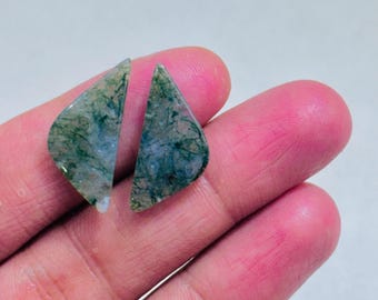 Natural Moss Agate Cabochon Pair – Milky Blue Dendritic Pattern Gemstone, Matching Set for Jewelry Making, Unique Designer Stone