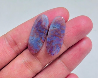 Natural Moss Agate Cabochon Pair – Milky Blue Dendritic Pattern Gemstone, Matching Set for Jewelry Making, Unique Designer Stone