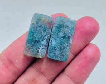 Natural Moss Agate Cabochon Pair – Milky Blue Dendritic Pattern Gemstone, Matching Set for Jewelry Making, Unique Designer Stone