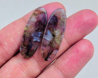 Natural Moss Agate Cabochon Pair – Milky Blue Dendritic Pattern Gemstone, Matching Set for Jewelry Making, Unique Designer Stone