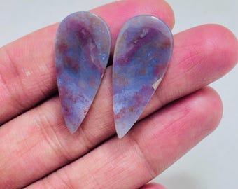 Natural Moss Agate Cabochon Pair – Milky Blue Dendritic Pattern Gemstone, Matching Set for Jewelry Making, Unique Designer Stone