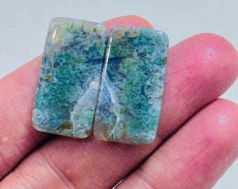 Natural Moss Agate Cabochon Pair – Milky Blue Dendritic Pattern Gemstone, Matching Set for Jewelry Making, Unique Designer Stone