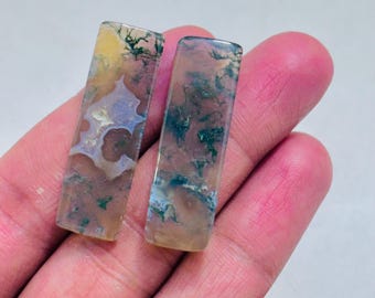 Natural Moss Agate Cabochon Pair – Milky Blue Dendritic Pattern Gemstone, Matching Set for Jewelry Making, Unique Designer Stone