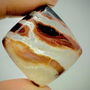 Op de afbeelding: Een gepolijste, vierkant geslepen edelsteen met bruine, witte en zwarte banden. De steen wordt tussen vingers gehouden, waardoor het glanzende oppervlak en de natuurlijke kleurvariaties worden benadrukt. De vorm van de edelsteen is een afgeronde vierkant.