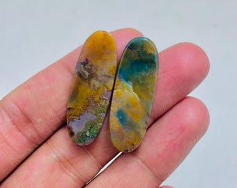 Natural Moss Agate Cabochon Pair – Milky Blue Dendritic Pattern Gemstone, Matching Set for Jewelry Making, Unique Designer Stone