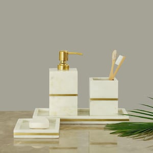 Luxury White Marble Bathroom Accessory Set with Gold Trim - Soap Dispenser, Toothbrush ,Holder Tray & Dish