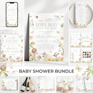 Puede incluir: Un paquete de baby shower con invitaciones, tarjetas de menú, juegos, adornos para cupcakes y etiquetas de agradecimiento. El diseño incluye ilustraciones florales e insectos con el texto "Our Little Love Bug is on the Way!" y "Amelia's Baby Shower."
