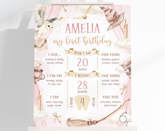 Pink Wizard 1st Birthday Milestone Poster | Editable Witches Birthday Milestone Sign | Girl Magic School Birthday Party Decoration | BR9