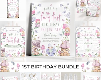 Fairy 1st Birthday Invitation Bundle | Magical Fairy Birthday Package | Floral Fairy Garden Birthday Set | Girl Fairy Birthday Decor | BR3